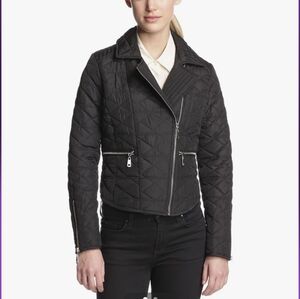 French Connection black L zip front moto quilted crop jacket